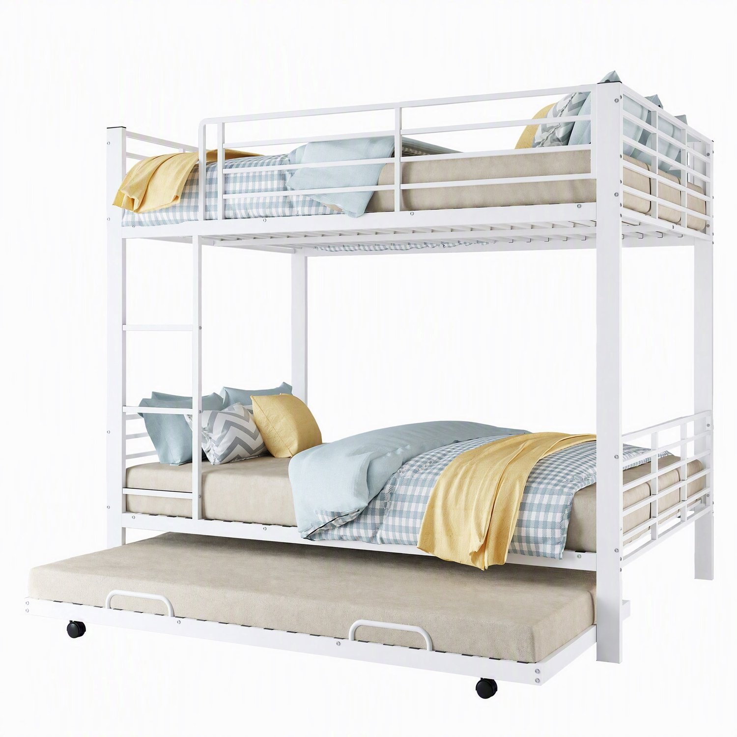 Merax Metalen Stapelbed Voor 3 Personen - 140 x 200 cm - Met Uitschuifbaar Logeerbed - Veiligheidshek En Ladder - Wit
