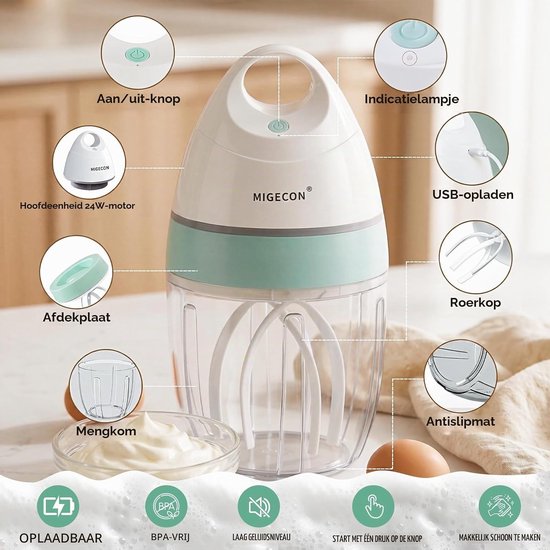 Kleine Elektrische Mixer - Wit - Draagbare Keukenmixer voor Eieren, Room en Koffie — afbeelding 2