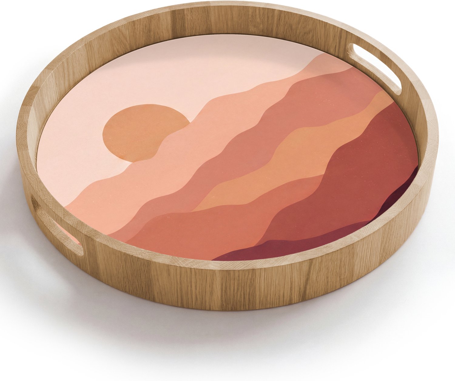Dienblad rond 40x40 cm - Schootdienblad hout - Natuur - Heuvels - Abstract - Modern - Oranje - Borrelplank rechthoek - Plateau houten dienbladen