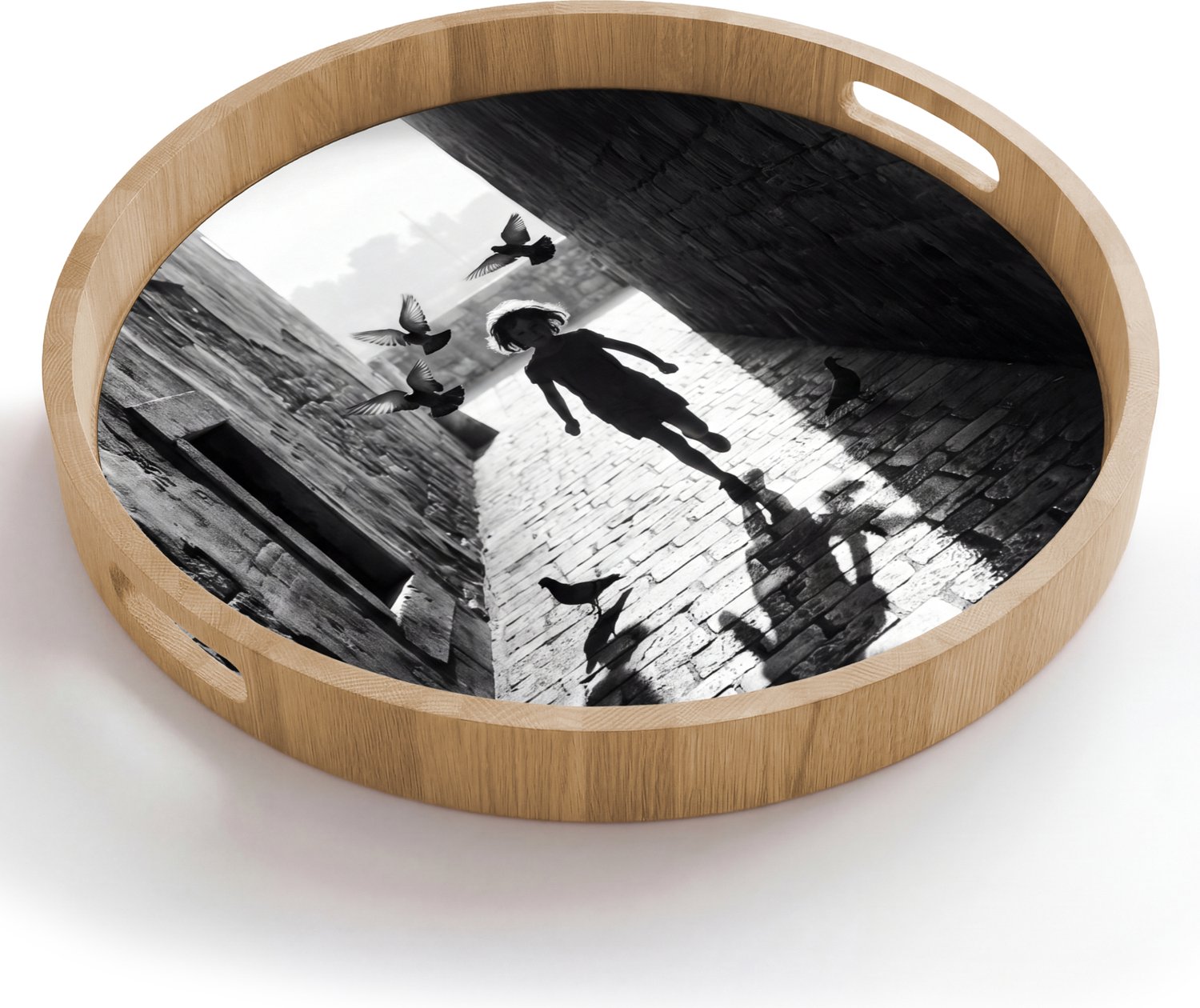 Dienblad rond 50x50 cm - Schootdienblad hout - Kind - Vogel - Straat - Zwart-wit - Spelen - Borrelplank rechthoek - Plateau houten dienbladen
