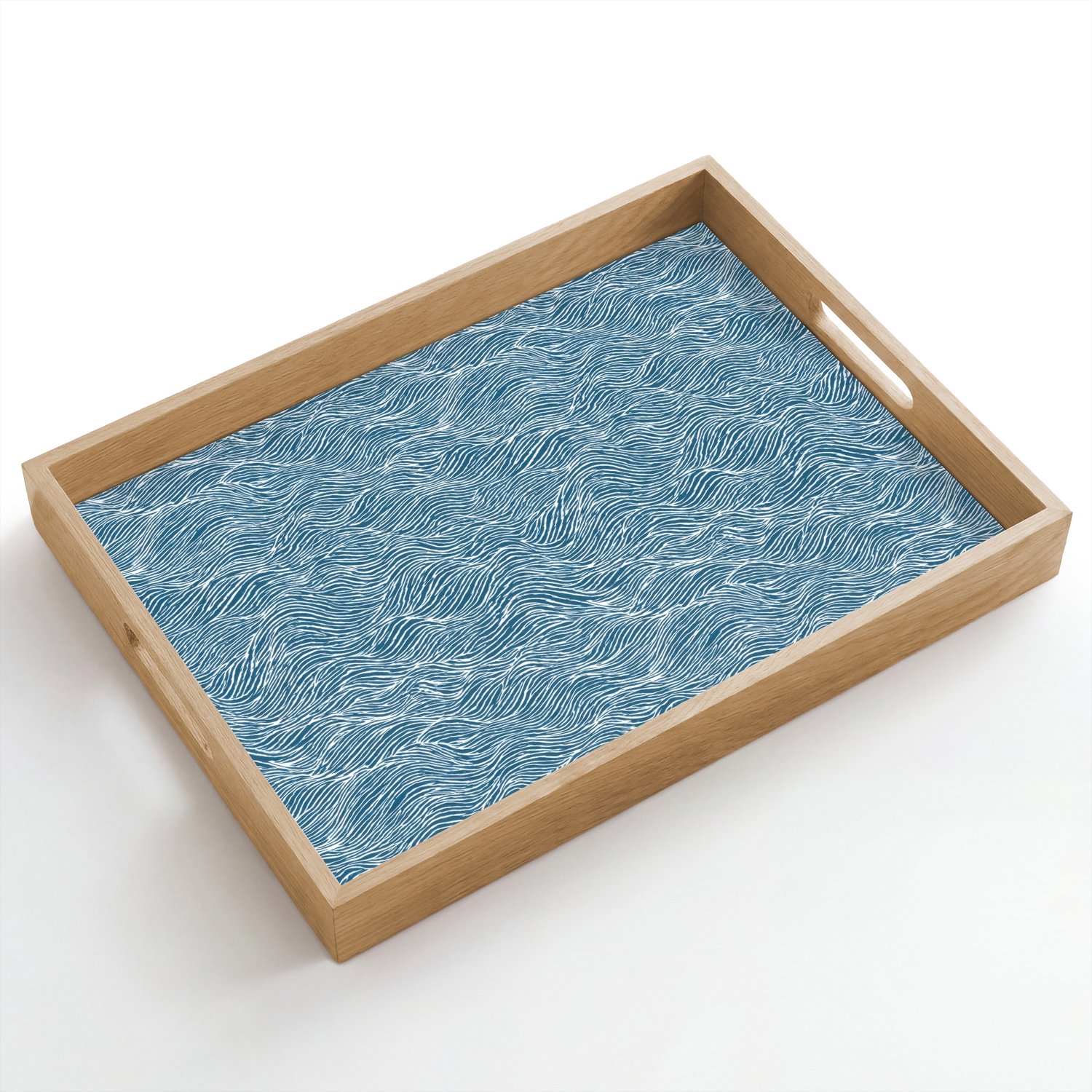 Dienblad hout 50x35 cm - Schootdienblad - Blauw - Wit - Golven - Getekend - Textuur - Borrelplank rechthoek - Plateau dienbladen