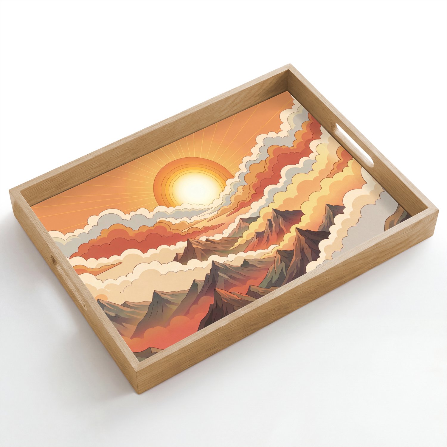 Dienblad hout 50x35 cm - Schootdienblad - Bergen - Wolken - Natuur - Zonsopgang - Oranje - Borrelplank rechthoek - Plateau dienbladen