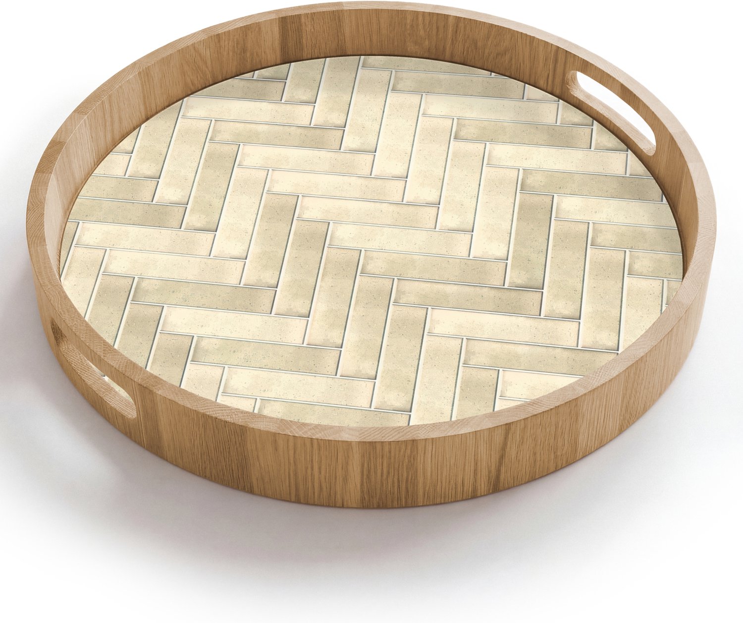 Dienblad rond 40x40 cm - Schootdienblad hout - Visgraat - Wandtegel - Licht Beige - Borrelplank rechthoek - Plateau houten dienbladen