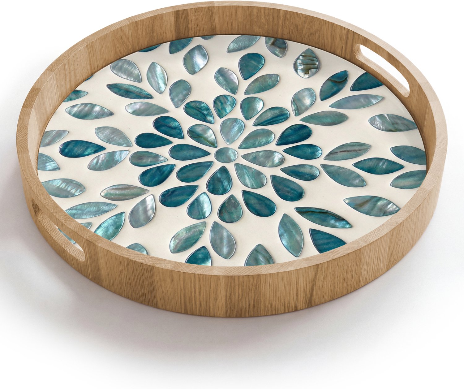 Dienblad rond 40x40 cm - Schootdienblad hout - Patroon - Bladeren - Abstract - Modern - Turquoise - Borrelplank rechthoek - Plateau houten dienbladen