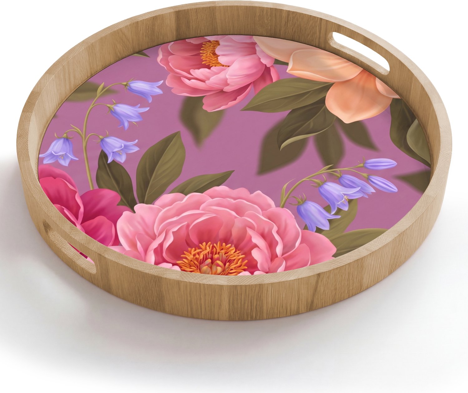 Dienblad rond 50x50 cm - Schootdienblad hout - Bloemen - Patroon - Illustratie - Roze - Borrelplank rechthoek - Plateau houten dienbladen
