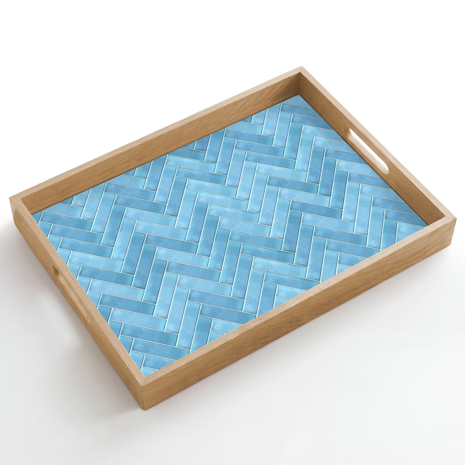 Dienblad hout 50x35 cm - Schootdienblad - Visgraat - Wandtegel - Lichtblauw - Borrelplank rechthoek - Plateau dienbladen