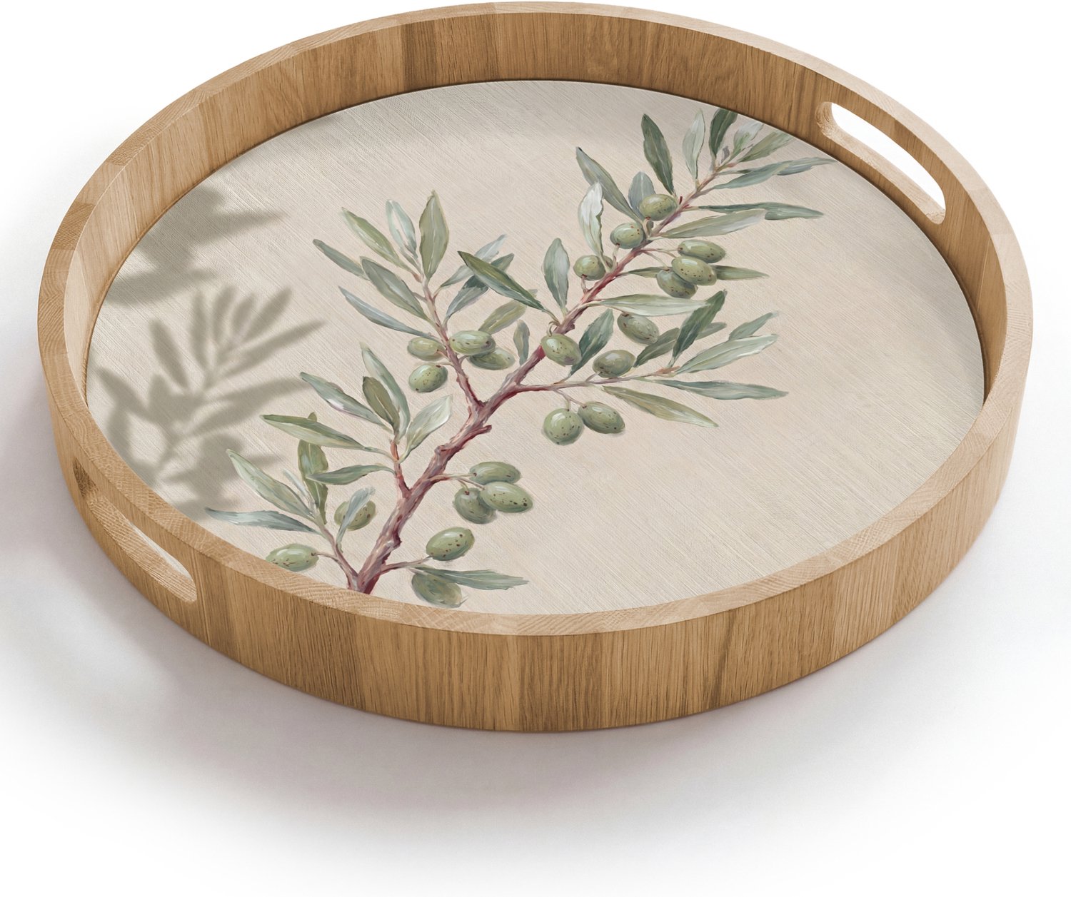 Dienblad rond 40x40 cm - Schootdienblad hout - Olijftak - Bladeren - Natuur - Groen - Beige - Borrelplank rechthoek - Plateau houten dienbladen