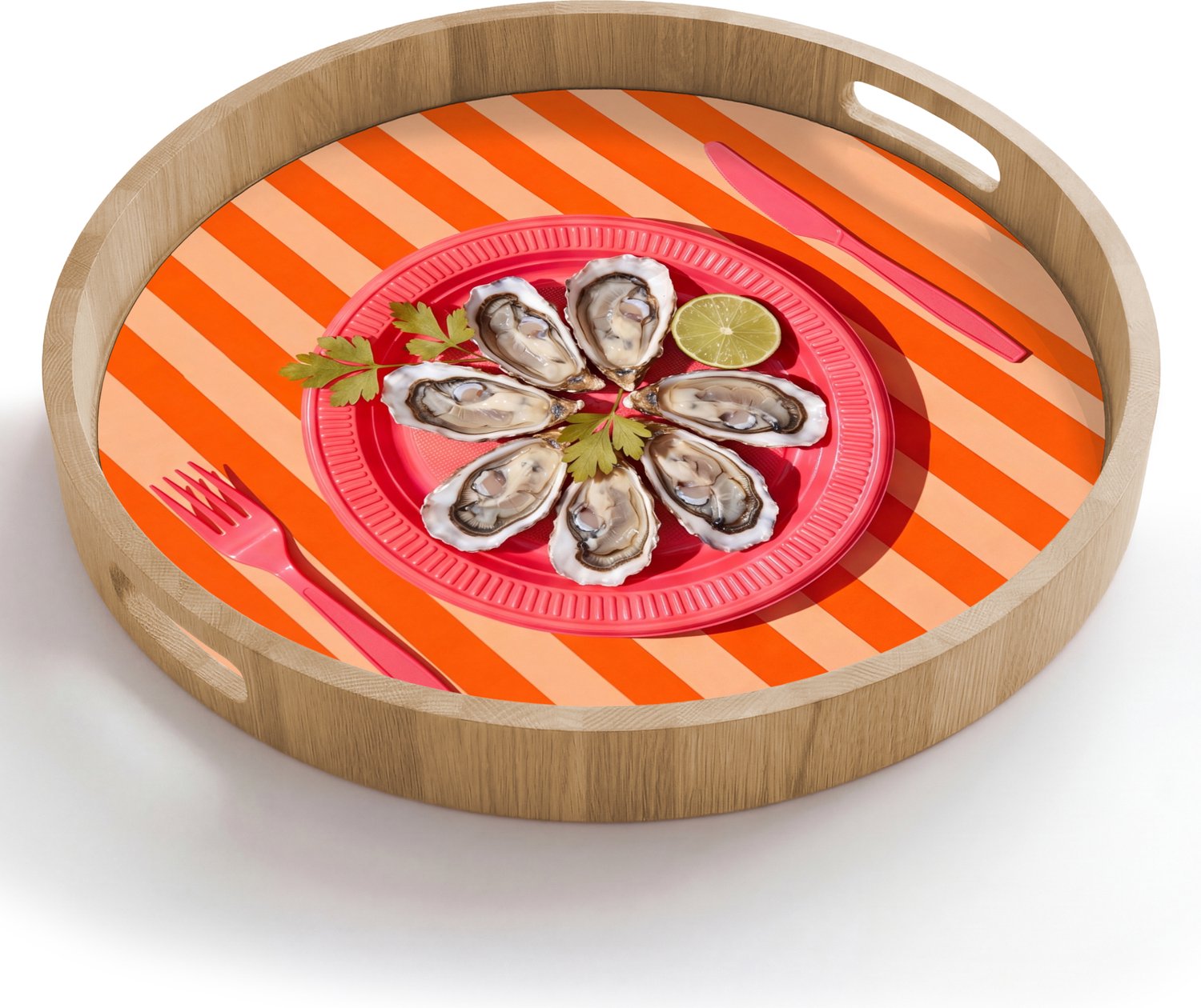 Dienblad rond 50x50 cm - Schootdienblad hout - Eten - Oester - Zeevruchten - Oranje - Modern - Borrelplank rechthoek - Plateau houten dienbladen