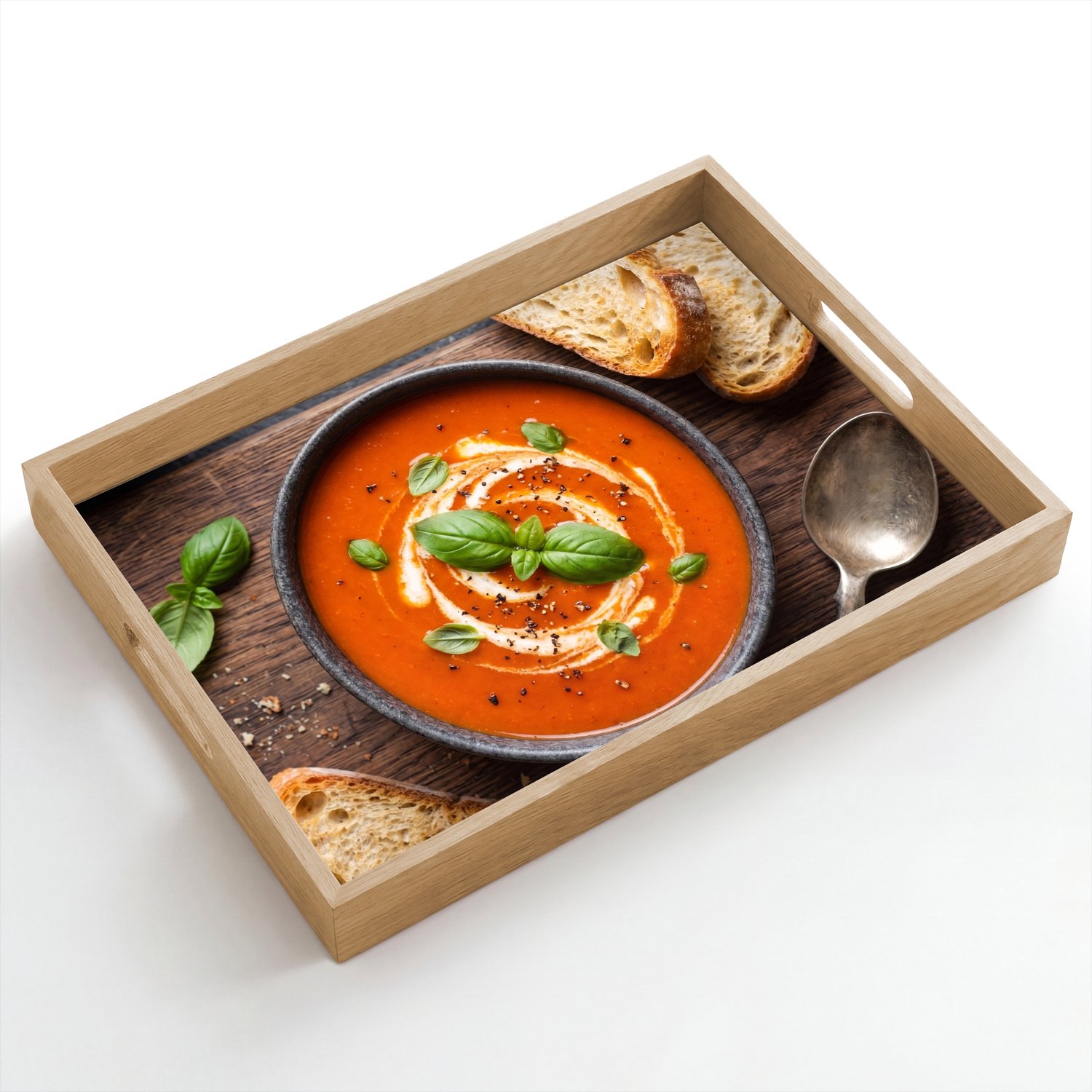 Dienblad hout 50x35 cm - Schootdienblad - Eten - Soep - Basilicum - Rustiek - Rood - Borrelplank rechthoek - Plateau dienbladen