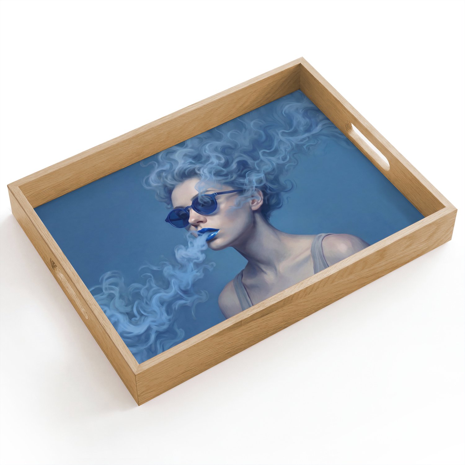 Dienblad hout 40x30 cm - Schootdienblad - Portret - Zonnebril - Rook - Abstract - Blauw - Borrelplank rechthoek - Plateau dienbladen