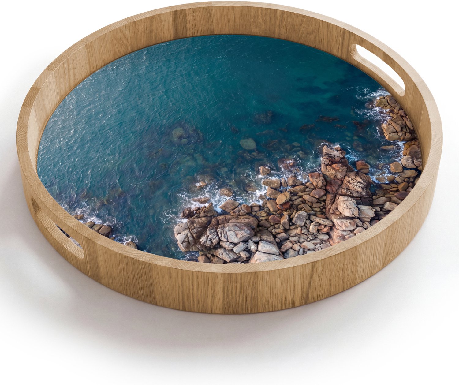 Dienblad rond 40x40 cm - Schootdienblad hout - Zee - Kustlijn - Natuur - Abstract - Blauw - Borrelplank rechthoek - Plateau houten dienbladen