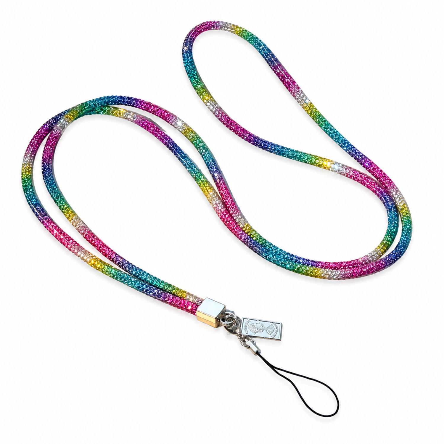Telefoonkoord met meerkleurige strass, crossbodymodel met metalen godin-hanger en kort bevestigingskoord, afzonderlijk verpakt