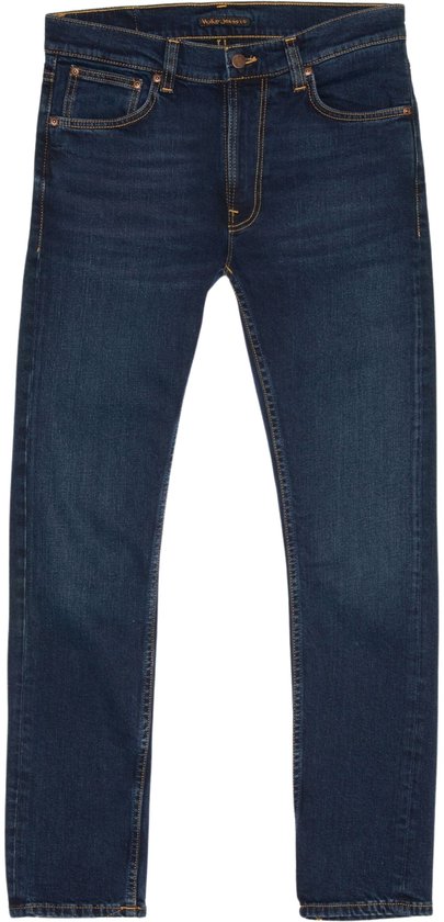 Donkerblauwe Nudie Jeans Lean Dean spijkerbroek met klassieke vijfzakkenstijl, plat neergelegd.