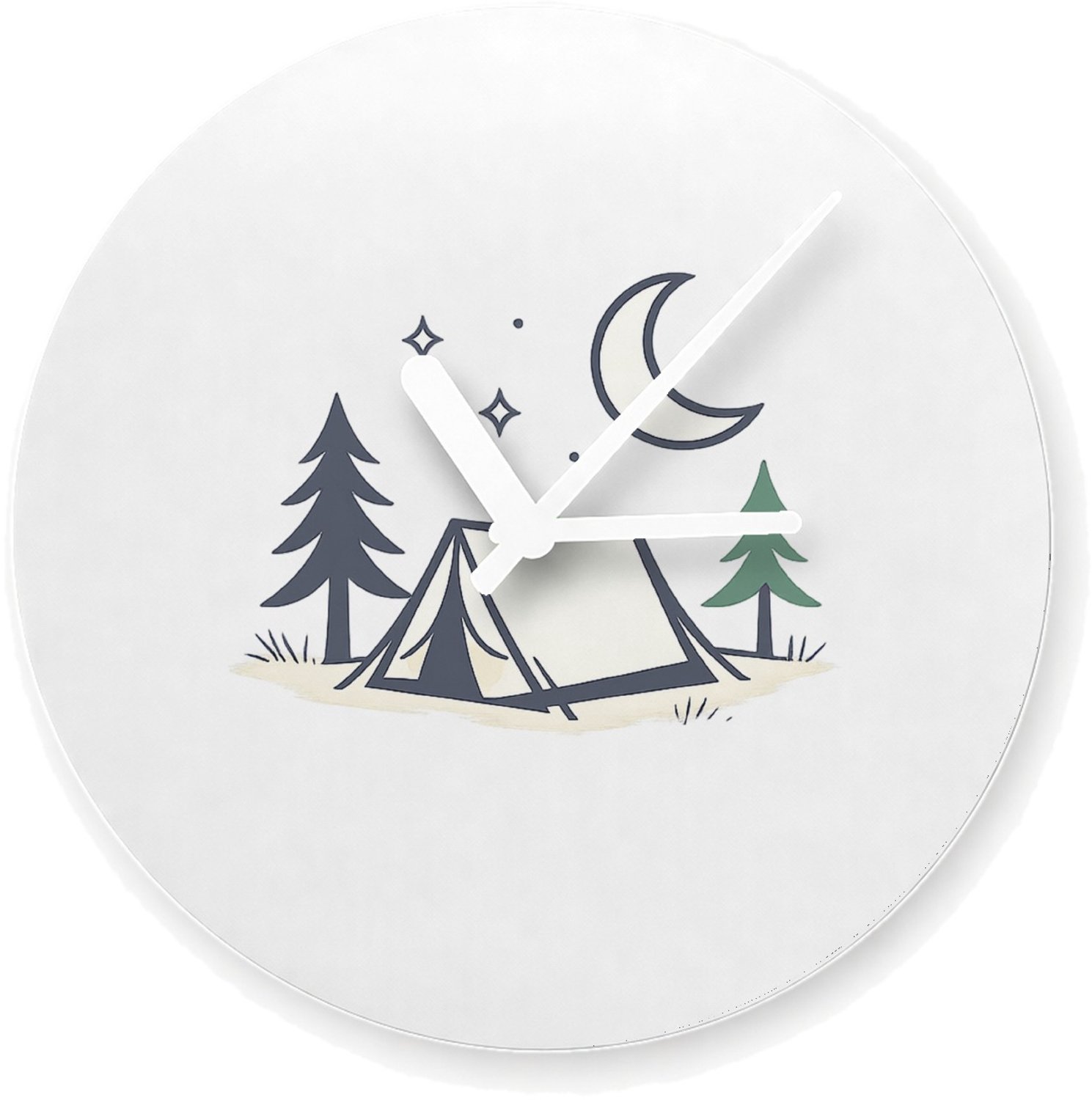 Mr Cadeautjes Glazen klok Ø 20 - design Minimalistische campingnacht met een kalme, speelse typograf | cadeau Wit