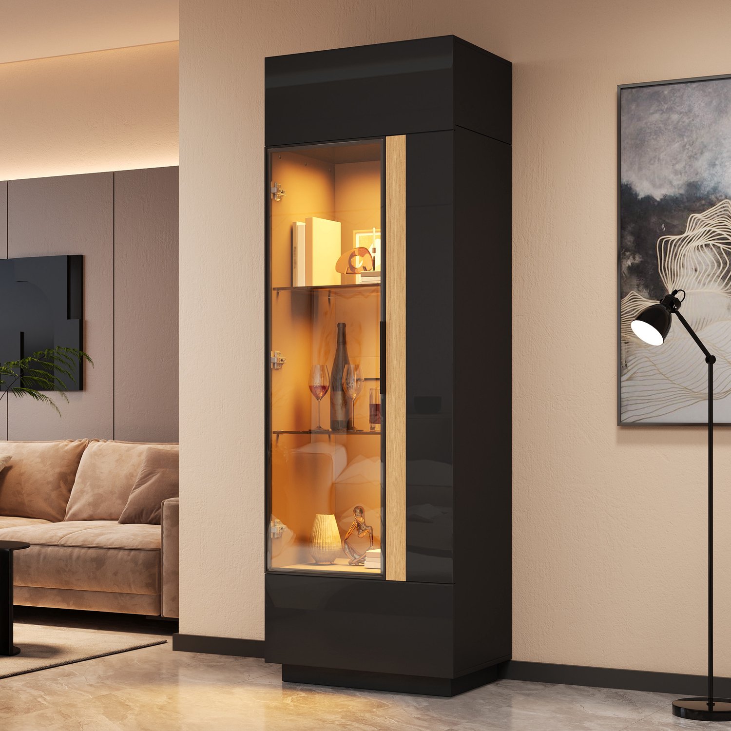 Wishdor Vitrinekast met glazen deur en LED-verlichting - Appbediening en aluminium frame - Hoogglans fronten met gesloten opbergruimte - Woonkamer eetkamer hal - Bewerkt hout - Zwart - 60 x 40 x 180 cm