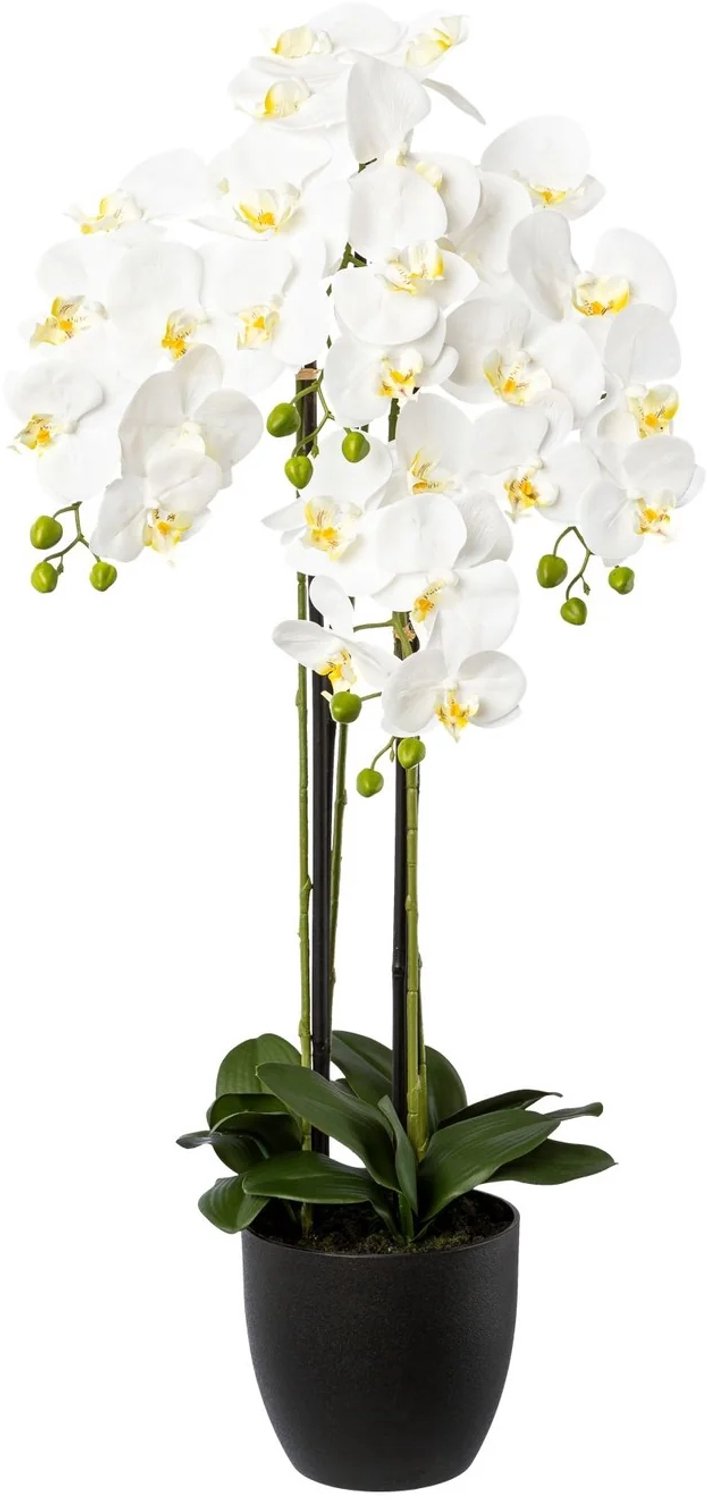 Kopu Kunstorchidee 99 cm - Wit - 4 takken - Zwarte pot - Phalaenopsis