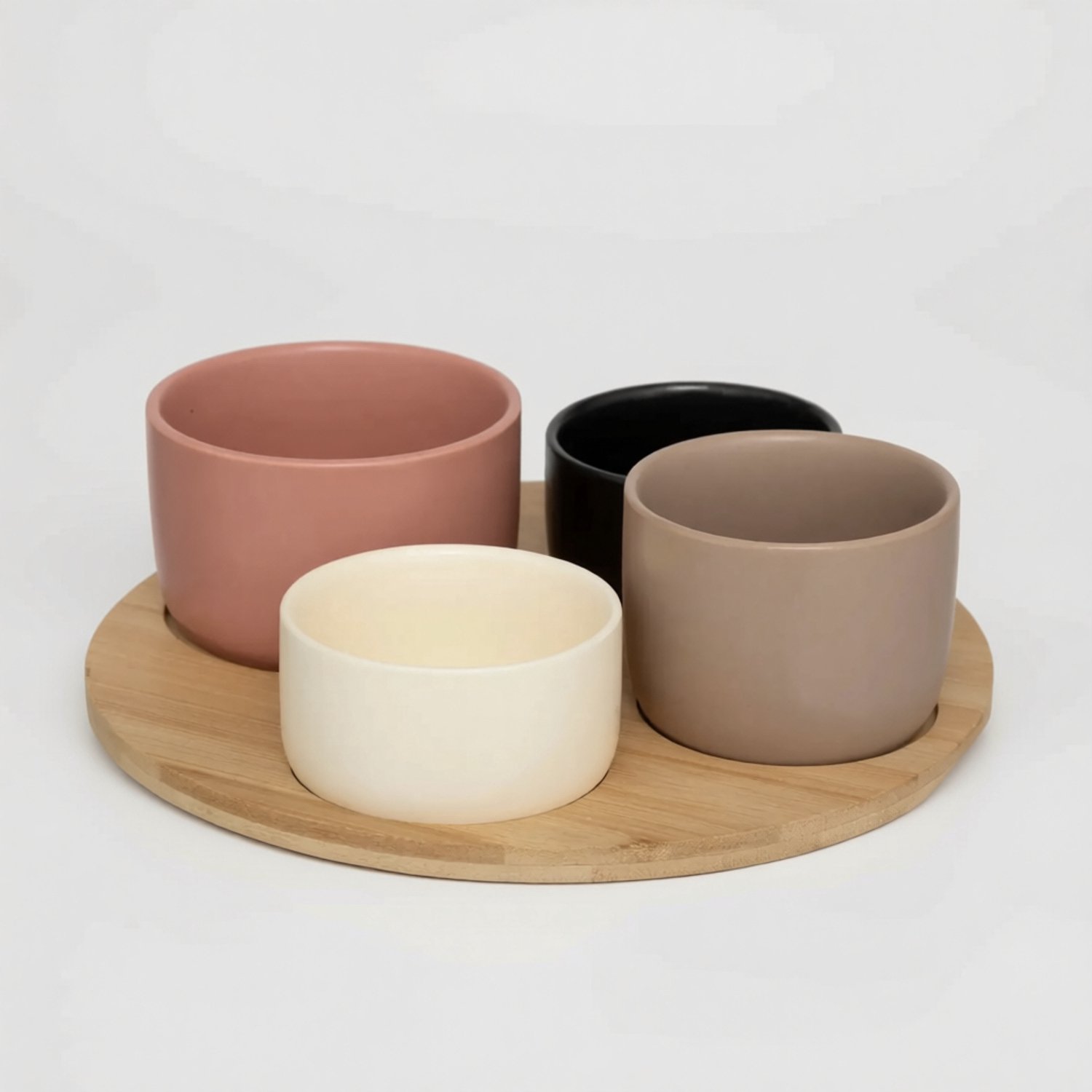 ZOQENX Set van 4 keramische kommen met houten dienblad - Crème, Zwart, Oudroze, Taupe