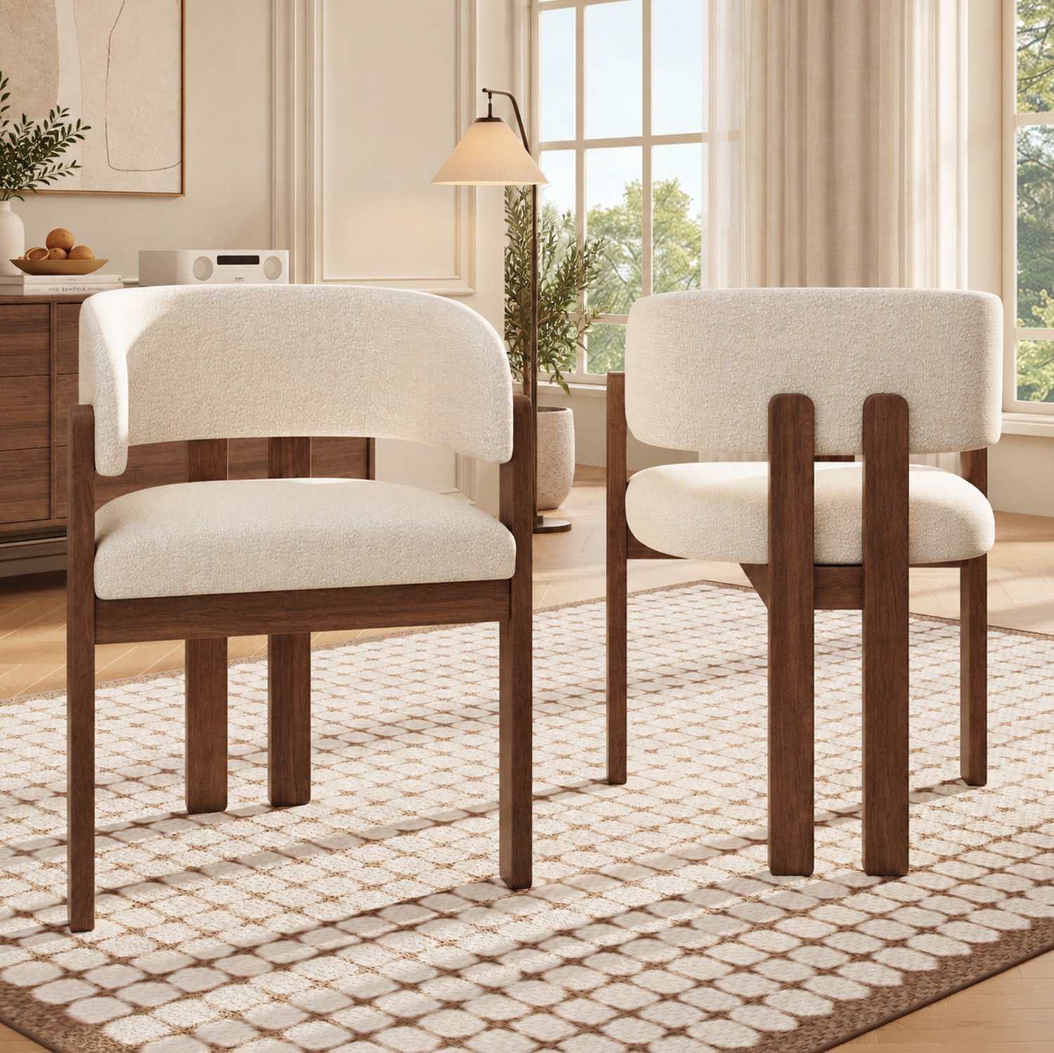 MODFU Eetkamerstoel - Met Armleuning - Modern - Hout - Bouclé - Walnootkleur En Beige