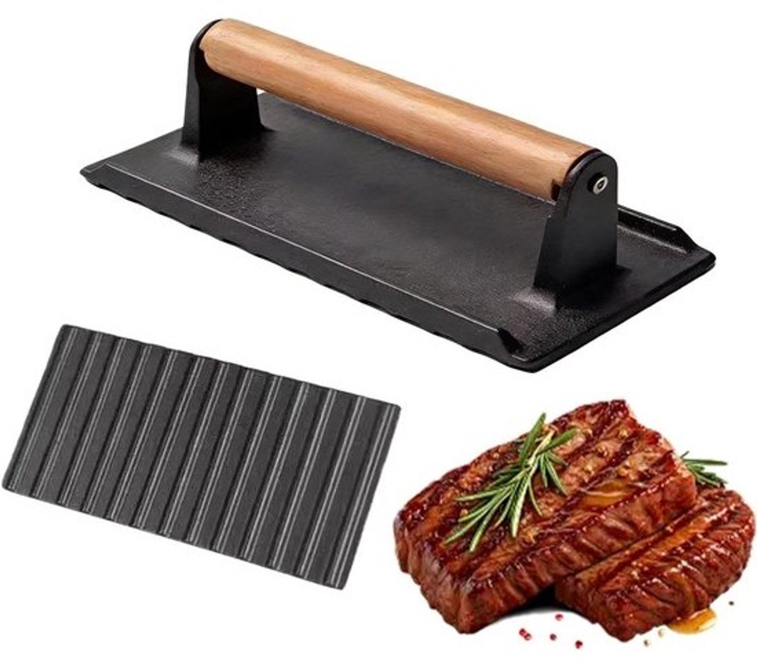 Gietijzeren vleespers - Grill- en burgerpers - Oefent gelijkmatige druk uit - Groot rechthoekig oppervlak - 16 x 8 x 8 cm