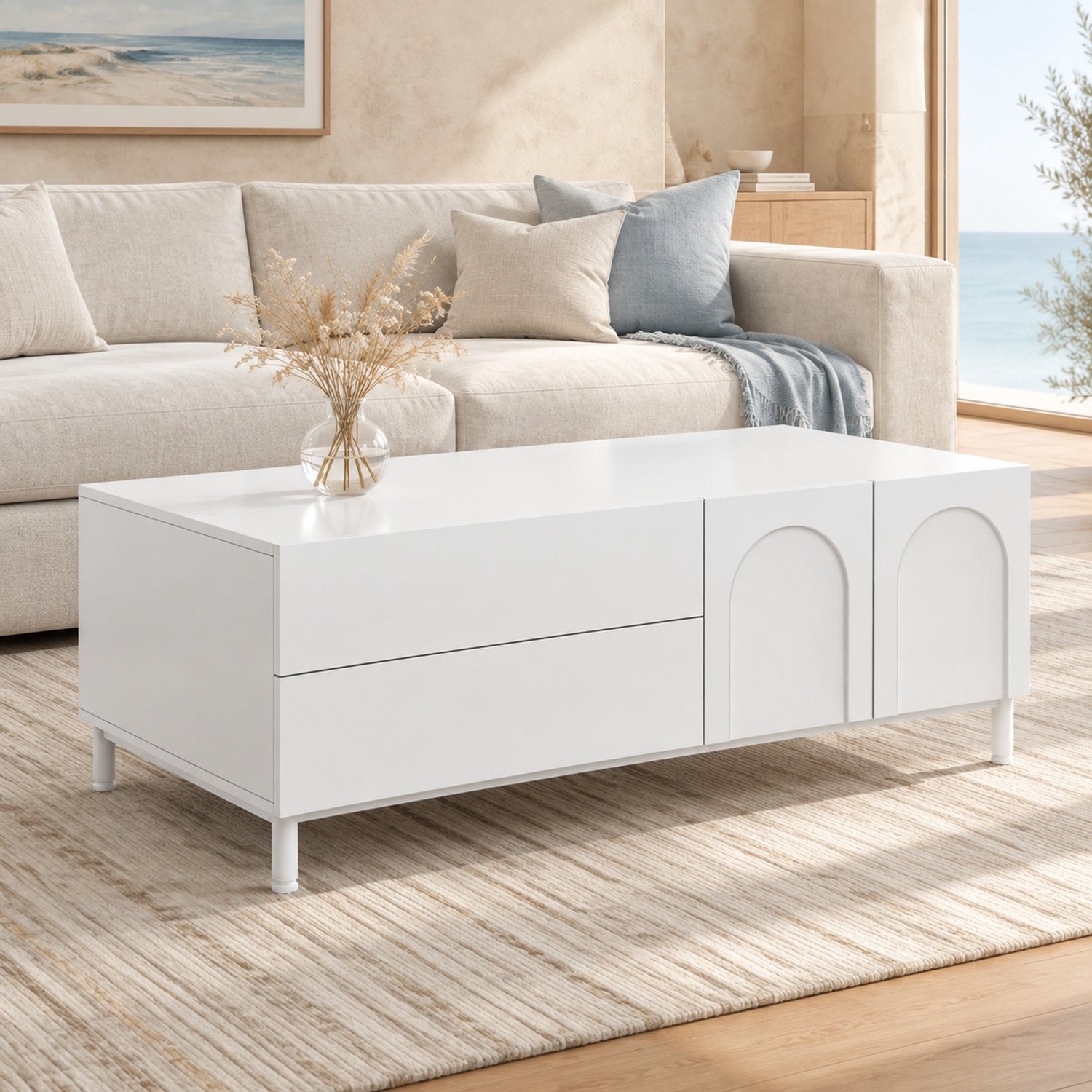 Maisentiel Salontafel 100 x 50 cm met 2 laden en 2 deuren, MDF/spaanplaat, wit