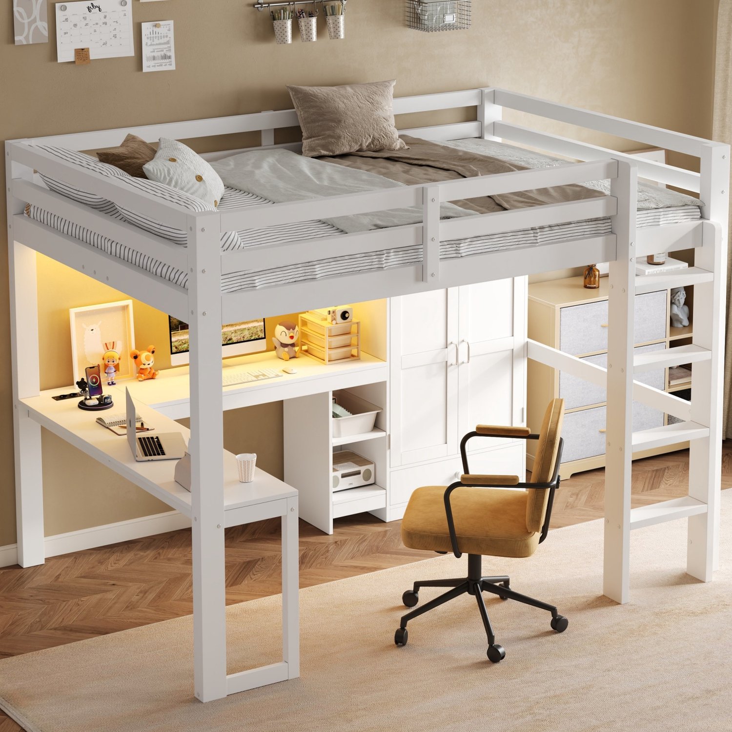 MIVRAY Hoogslaper 140x200 cm - Bureau Met Kledingkast, USB en Ledverlichting - Opbergruimte Voor Slaapkamer - Hout en MDF - Wit - Zonder Matras