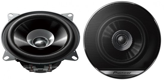 Zwarte Pioneer autoluidspreker met ronde grille en een glanzende conus zonder rooster.