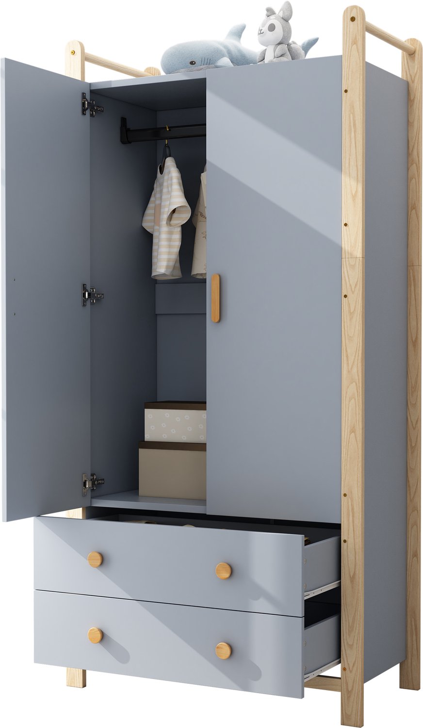 Kledingkast Met Hangroede En 2 Lades - 90 x 45 x 180 cm - 2 Draaideuren - Blauwe Spaanplaat Met Grenen Frame - Voor Slaapkamer En Kinderkamer
