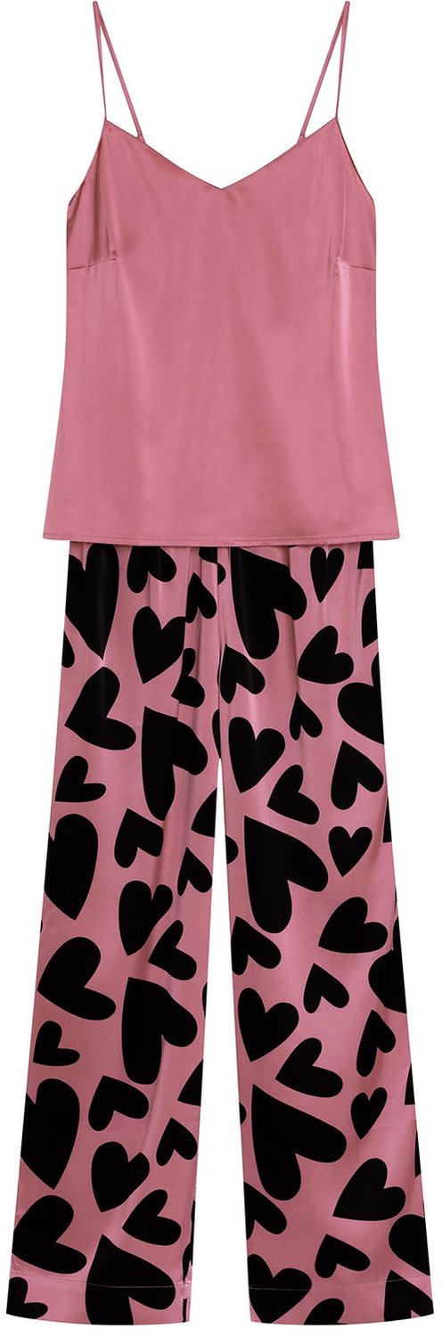 ESOTIQ Jenya - Damespyjamaset - Satijnen top - Lange broek met hartjesprint - Verstelbare bandjes Paars;Roze;Zwart