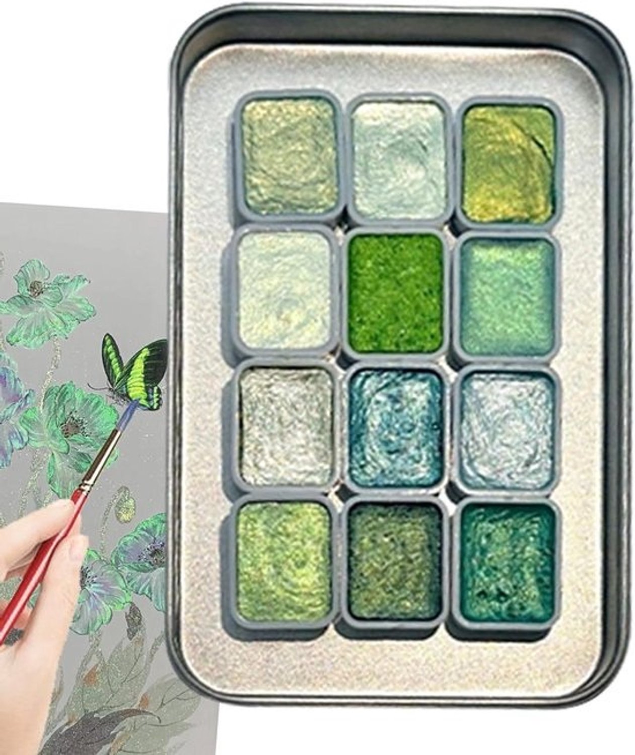 Aquarelverfkit - Glitterverfset - Creatief schilderen - Glinsterende afwerking - 12 kleuren - Veelkleurig