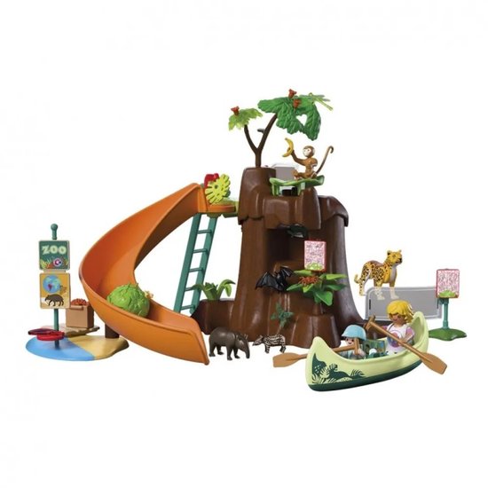 Playmobil jungle speelset met klimboom, oranje glijbaan, kano en dieren, inclusief een 'ZOO' bord en figuren.