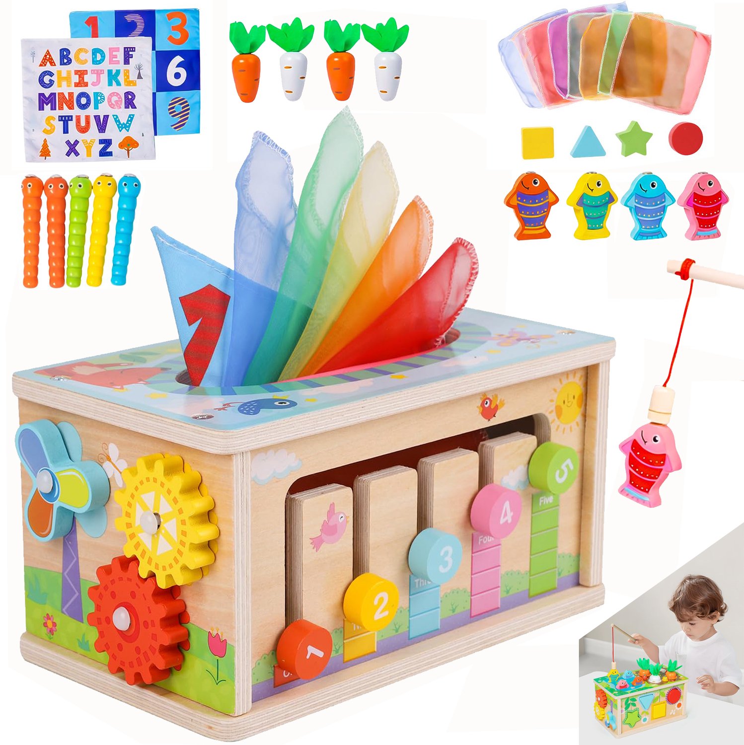 6-in-1 Montessori tissuebox speelgoed voor baby vanaf 6 maanden, houten activiteitenkubus sensorisch speelgoed voor 1-jarige jongen en meisje