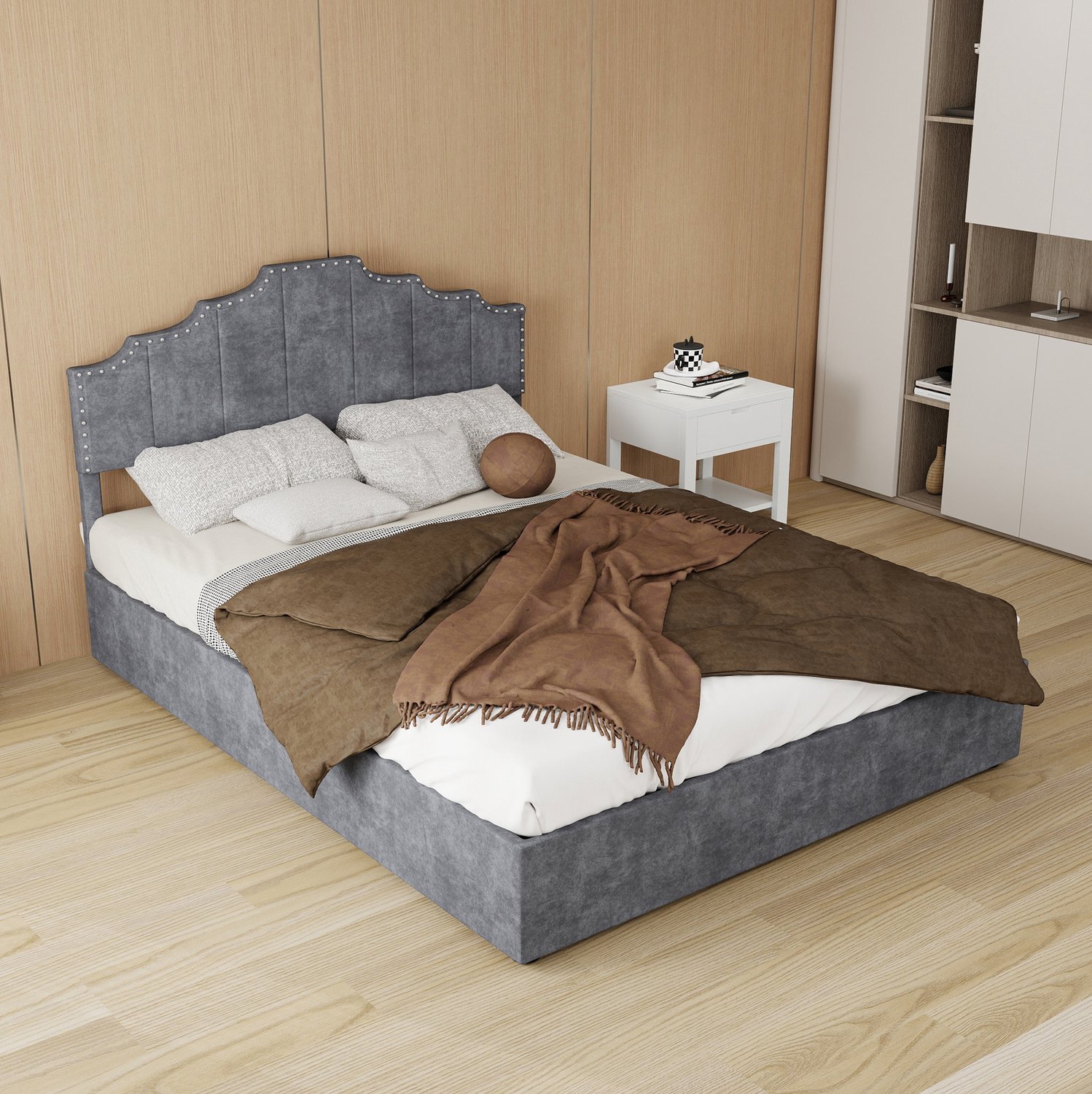 WUVRIE Gestoffeerd opbergbed 140x200 cm - Met gasveer en matras - Grijs