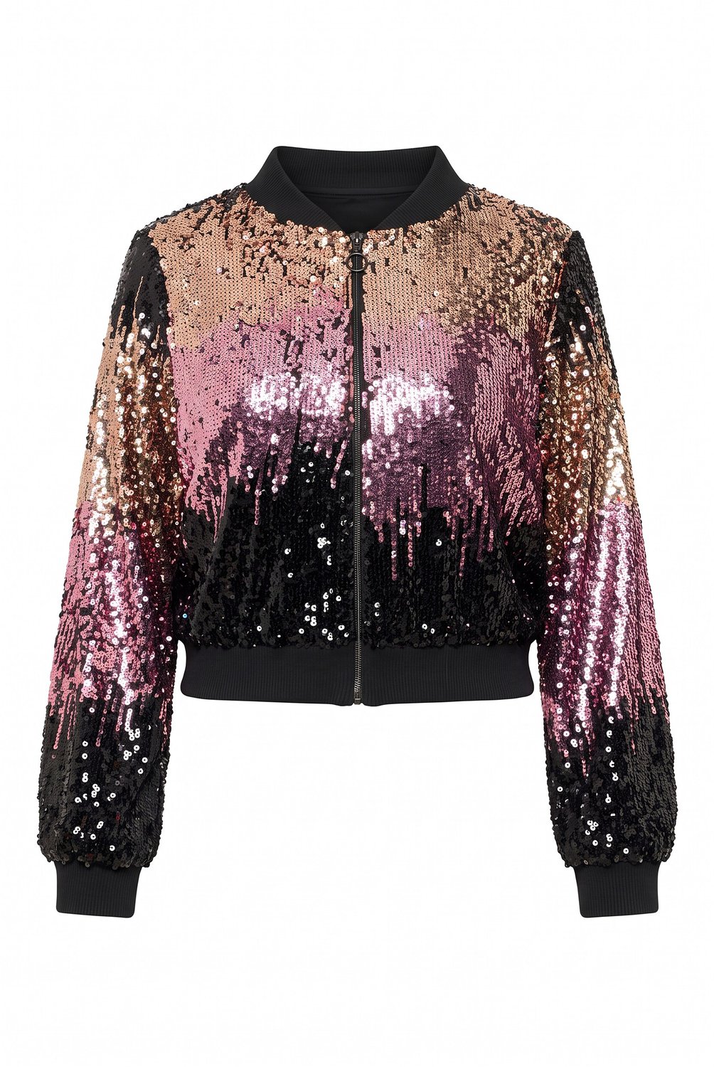 Ulla Popken - Dames - Blouson classic fit pailletten kleurverloop collegekraag - Zwart - Maat 56