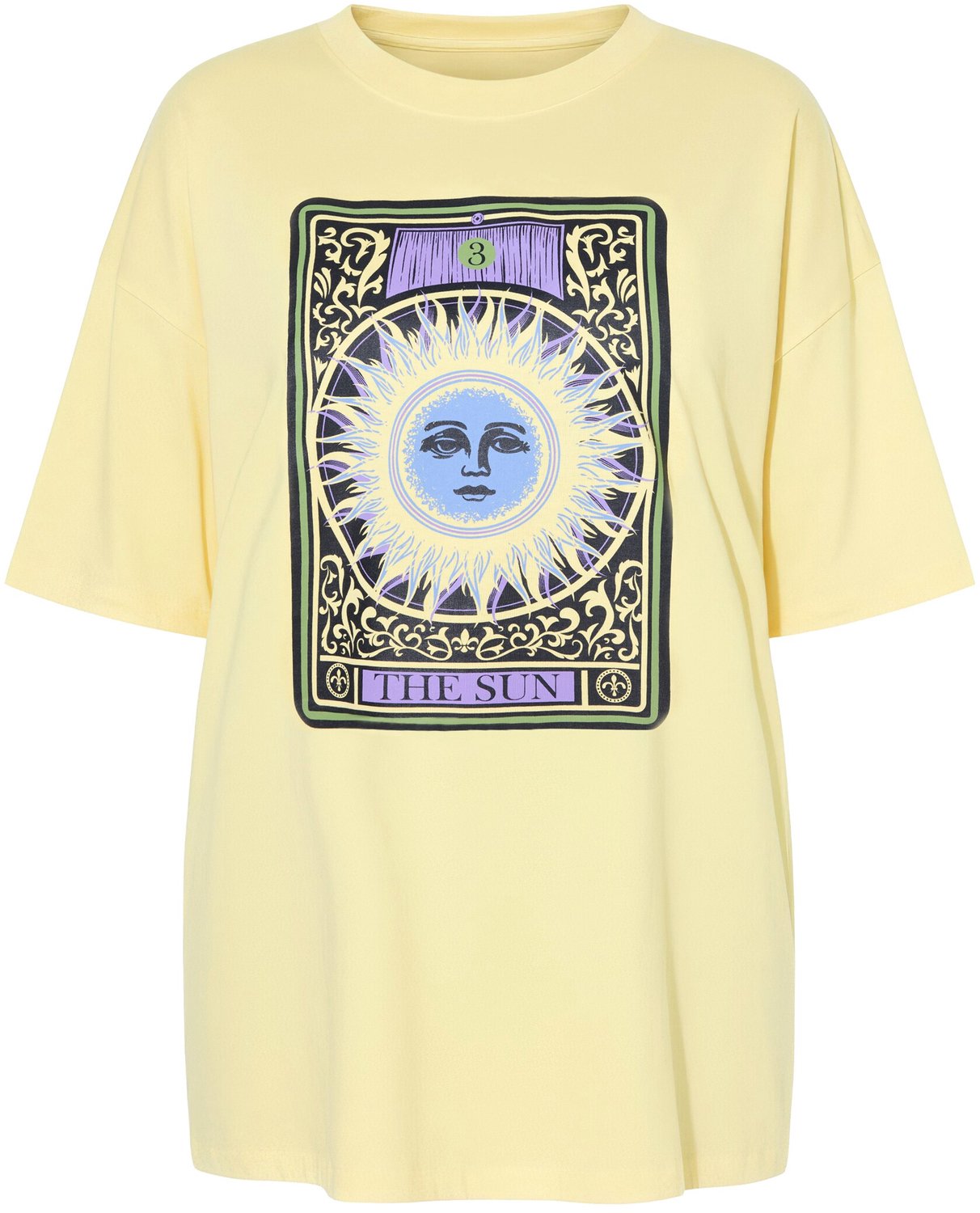 Studio Untold - Dames - T-shirt oversized tarot zon - Zandgeel - Maat 42+