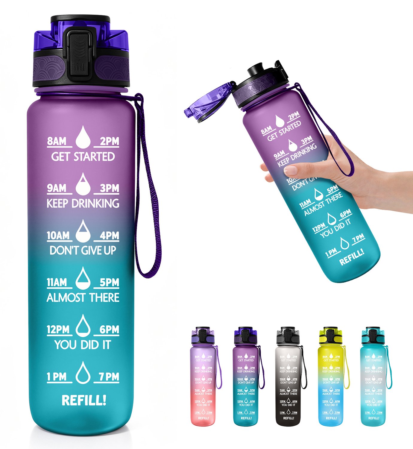Drinkfles met rietje - lekdicht - BPA-vrij - tijdsaanduiding - draagriem - herbruikbare waterfles voor werk, sport en onderweg(Blauw en paars)