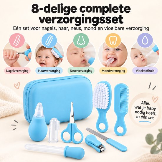 Baby Verzorgingsset 8-delig - Neuszuiger, Nagelset & Haarverzorging - Vingertandenborstel - Opbergetui - Blauw — afbeelding 4