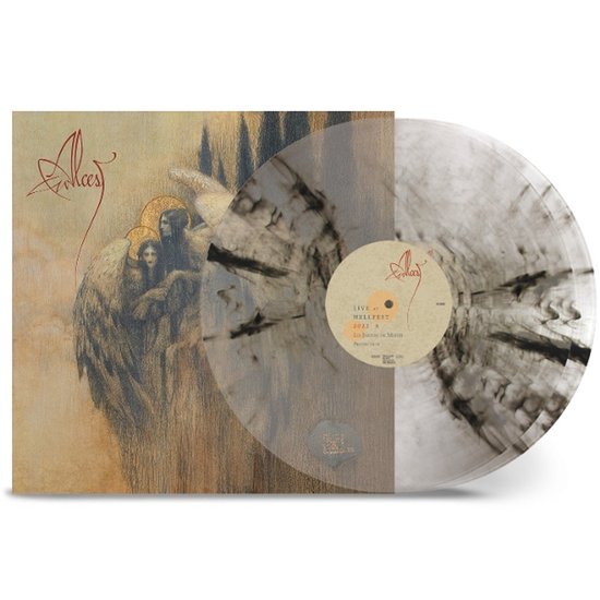 Alcest vinylplaat Live at Hellfest 2022 met hoes van engelen en transparant vinyl met zwarte vegen.