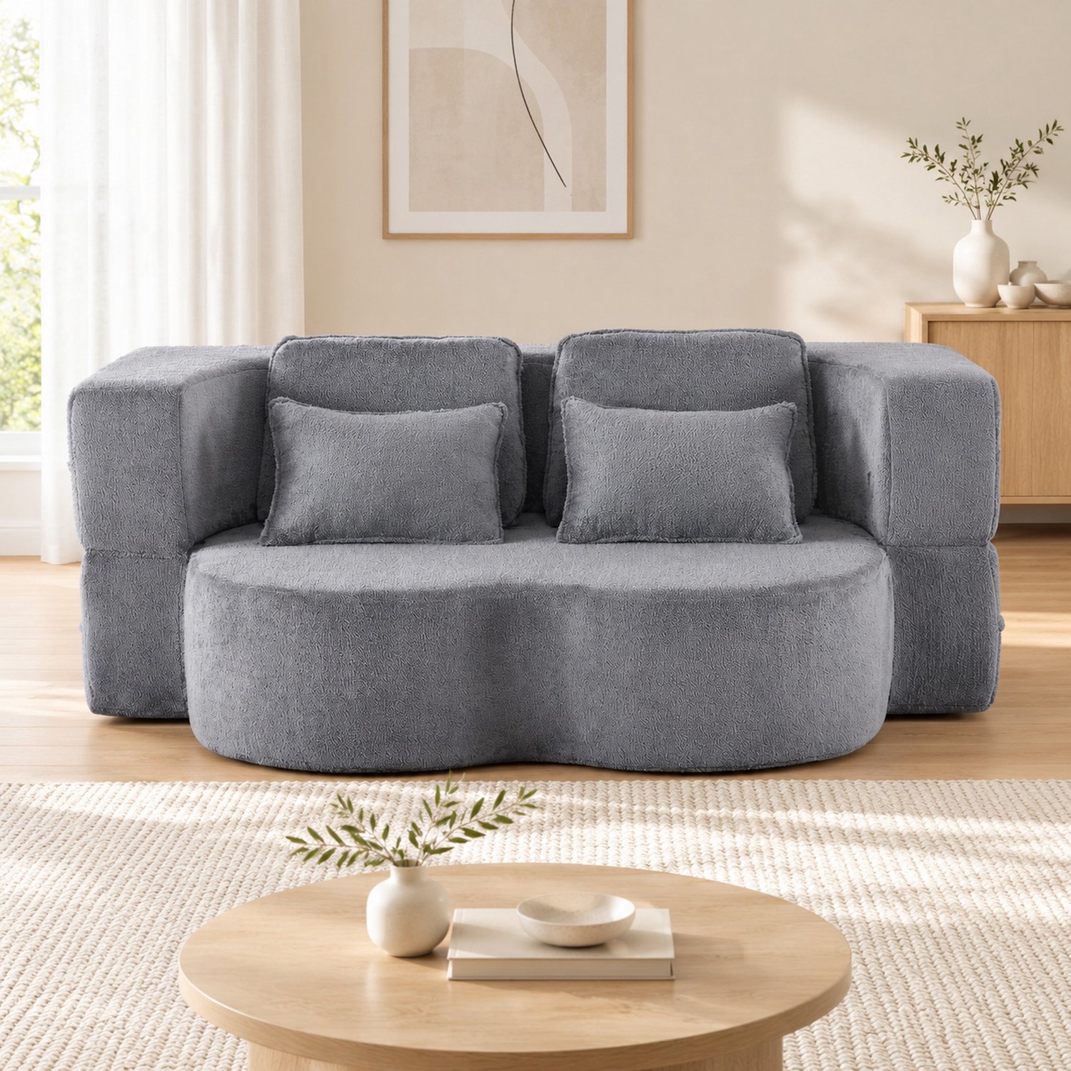 WUVRIE 2-zits slaapbank 198 cm breed - Opvouwbaar met 4 kussens - Blauwgrijs