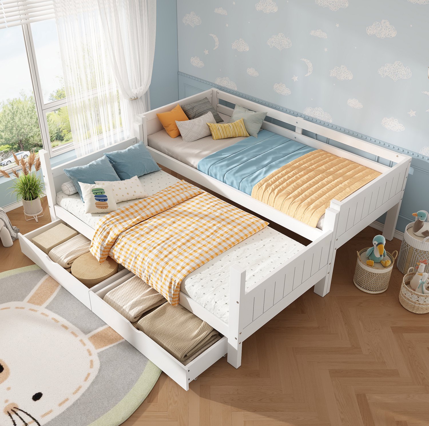 MODENUIT Stapelbed – 90 x 200 cm – Deelbaar in Twee Eenpersoonsbedden – Hout en MDF – Wit – Met Twee Grote Lades