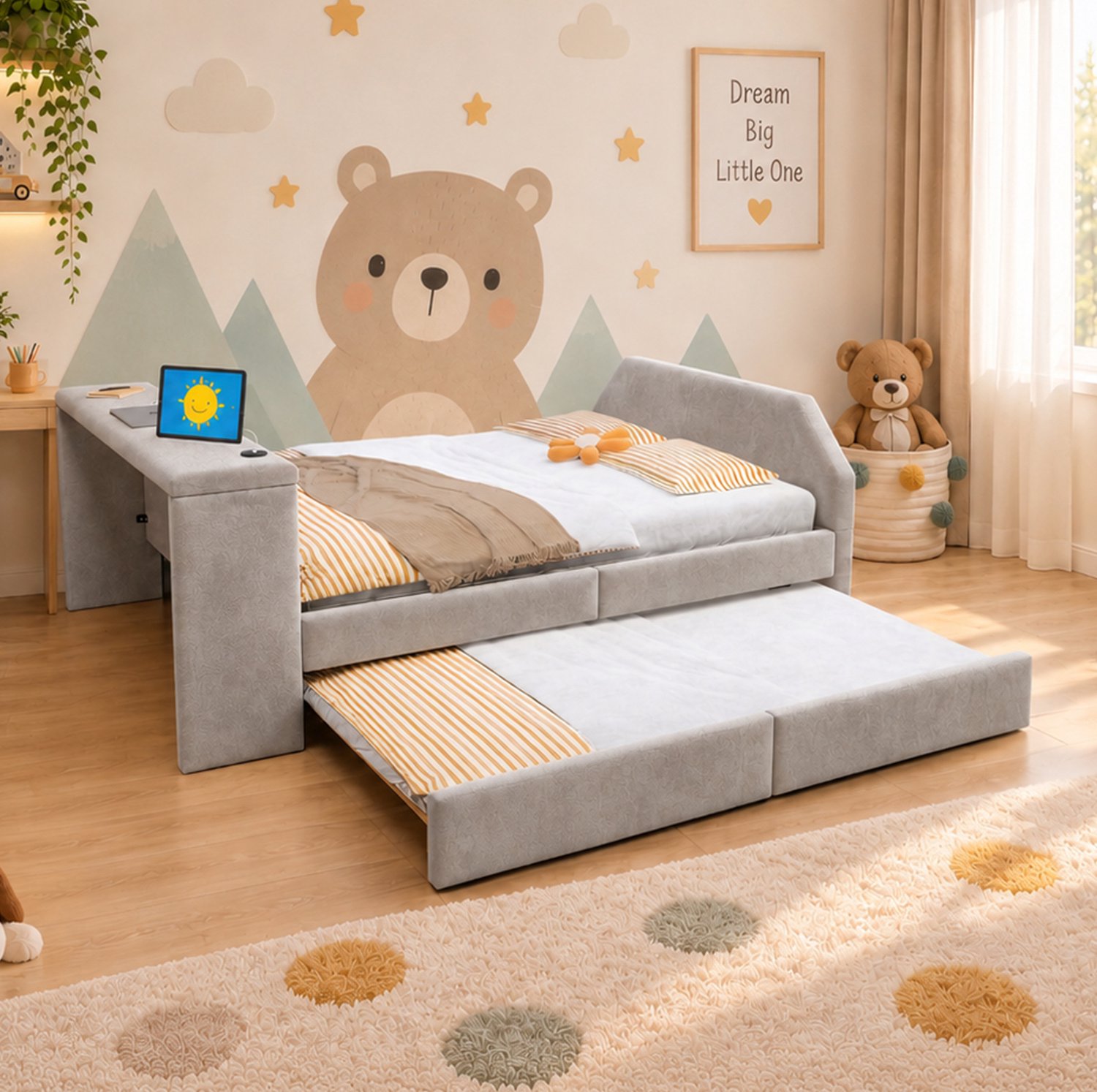 FloraGrace Kinderbed 140x200 cm – Met Bureau en USB-Oplaadpunt – Uitschuifbaar Logeerbed – Zonder Matras – Velours – Grijs