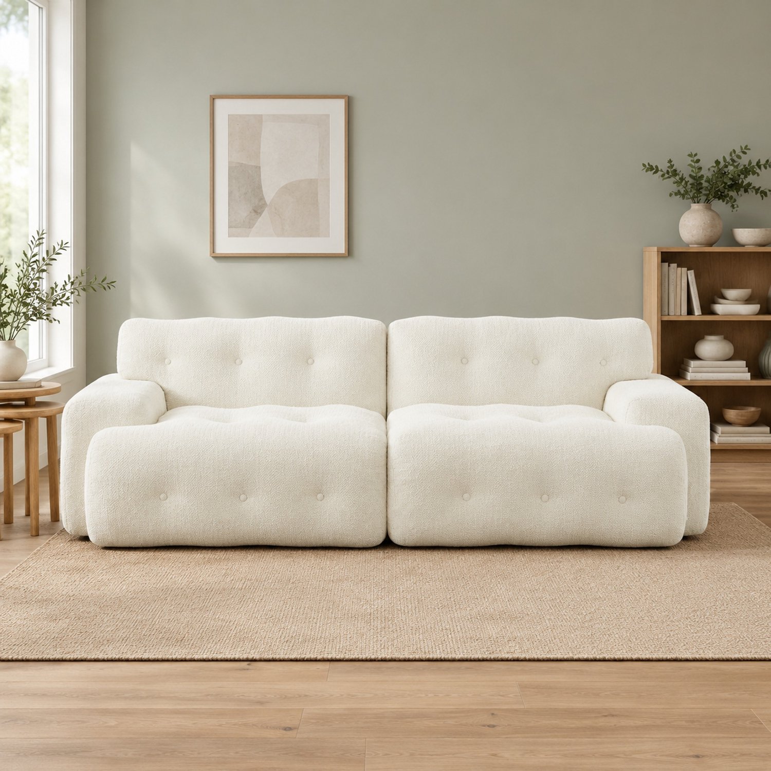 WUVRIE 2-zitsbank 224 cm - Chenille bekleding, brede armleuningen en knoopdetails - Beige