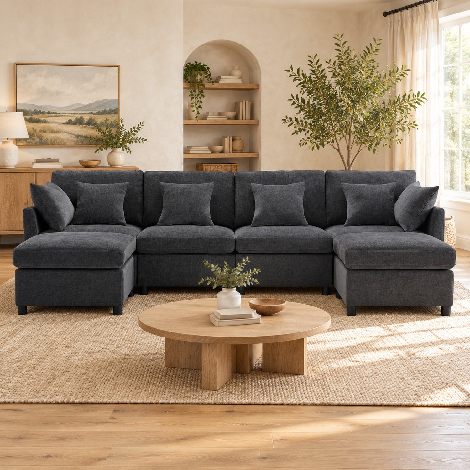WUVRIE Modulaire U-bank 278x161 cm - 2 hockers en 6 kussens - Grijs
