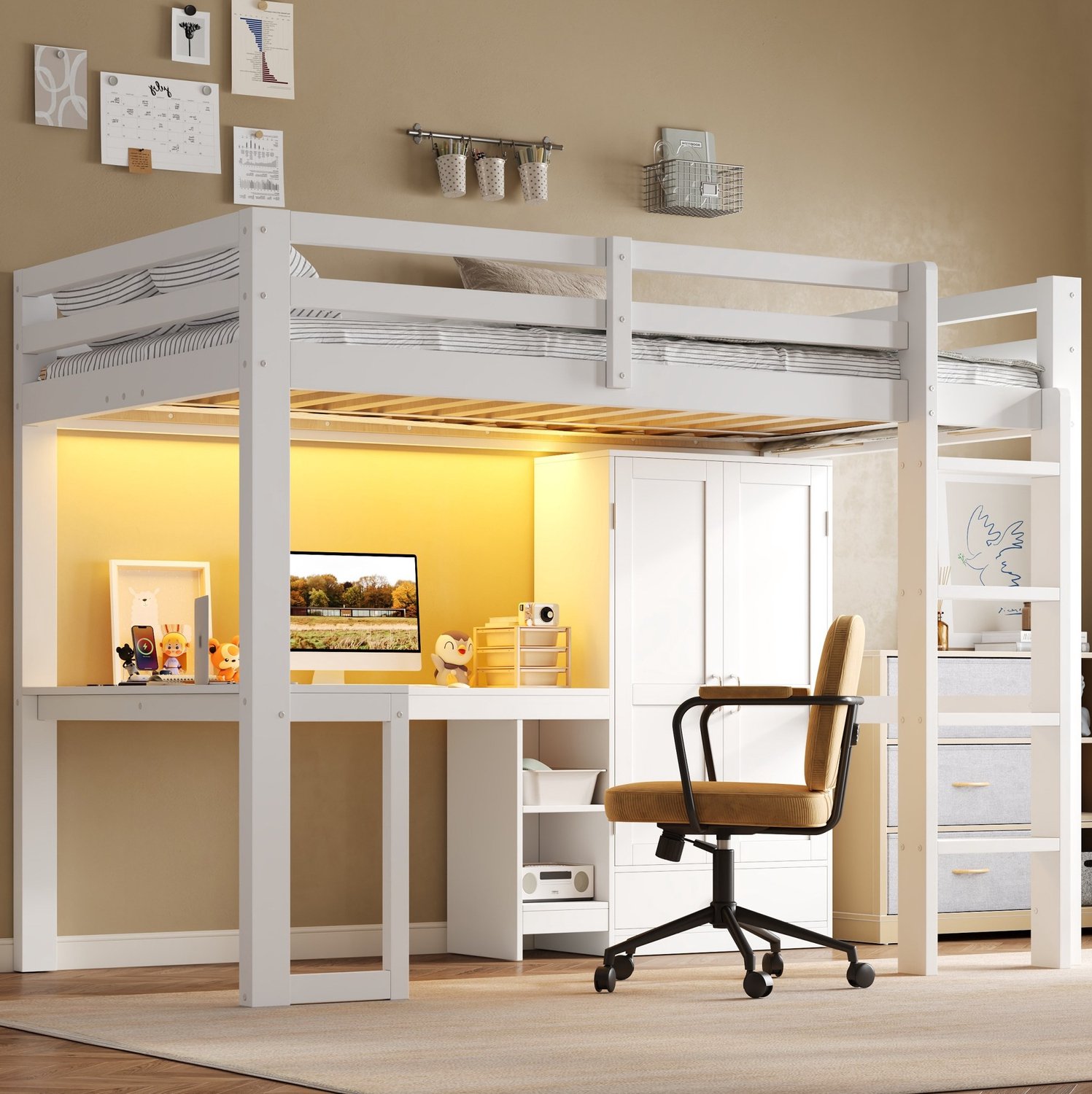 DESMIU Hoogslaper 90x200 cm – Bureau, Kledingkast en Planken – LED-Verlichting met USB-Aansluiting – Hout en MDF – Wit – Zonder Matras