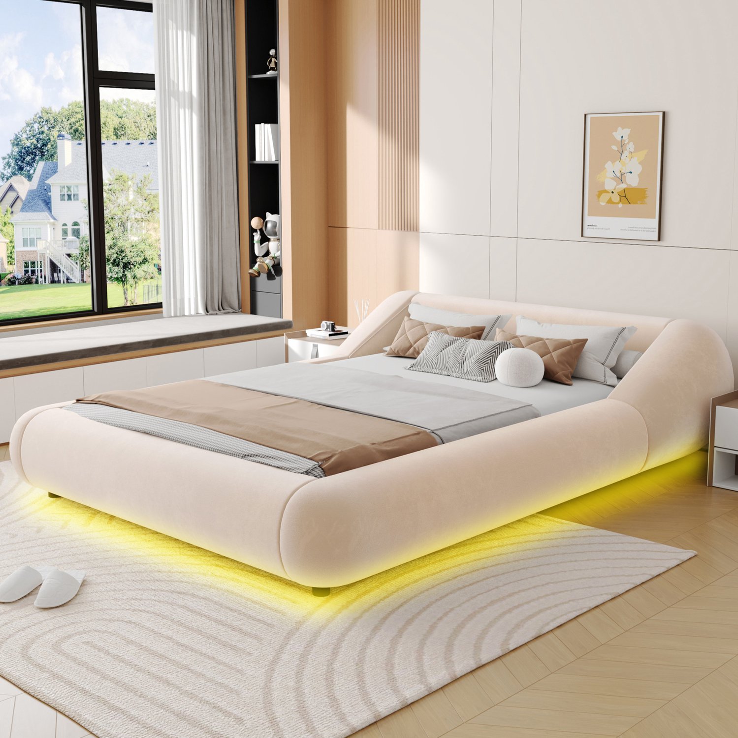 FloraGrace Gestoffeerd Bed 140 x 200 cm - Tweepersoonsbed Met Ledverlichting - Zwevend Bedframe - Zonder Matras - Fluweel - Beige