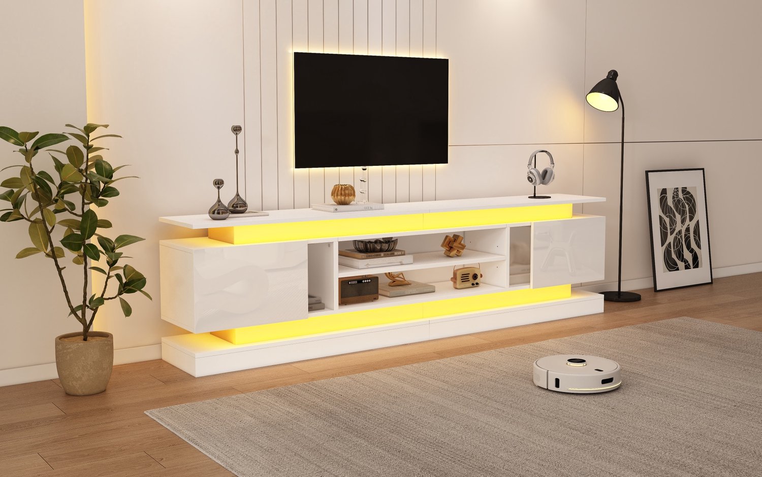 COVREO TV-meubel met Bluetooth LED – 180x35x60 cm – Mediakast met 2 push-to-open deuren – voor tv tot 75 inch – Wit hoogglans