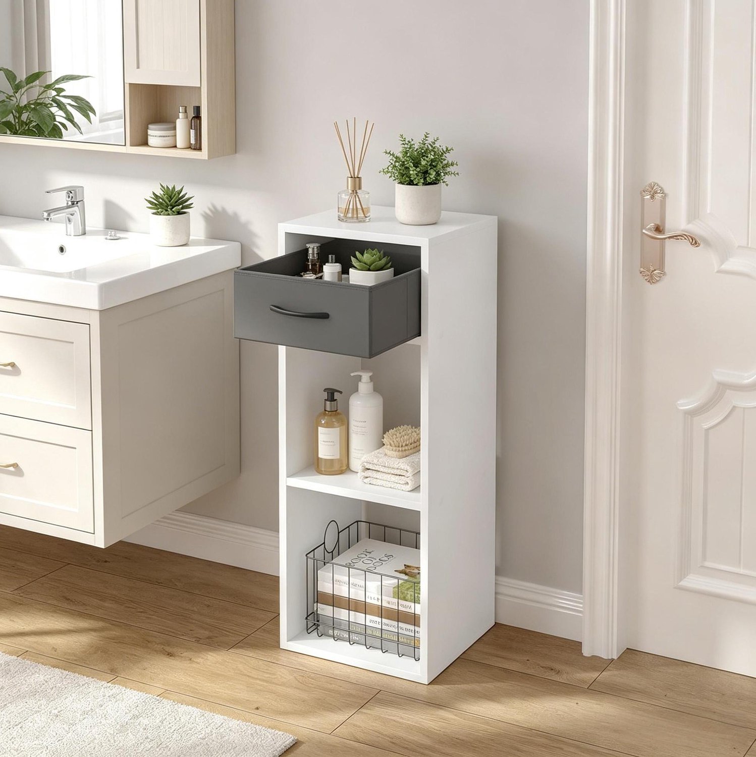 WUVRIE Boekenkast 32,4 x 30 x 80 cm - Met stoffen lade en 2 open vakken - Grijs/wit