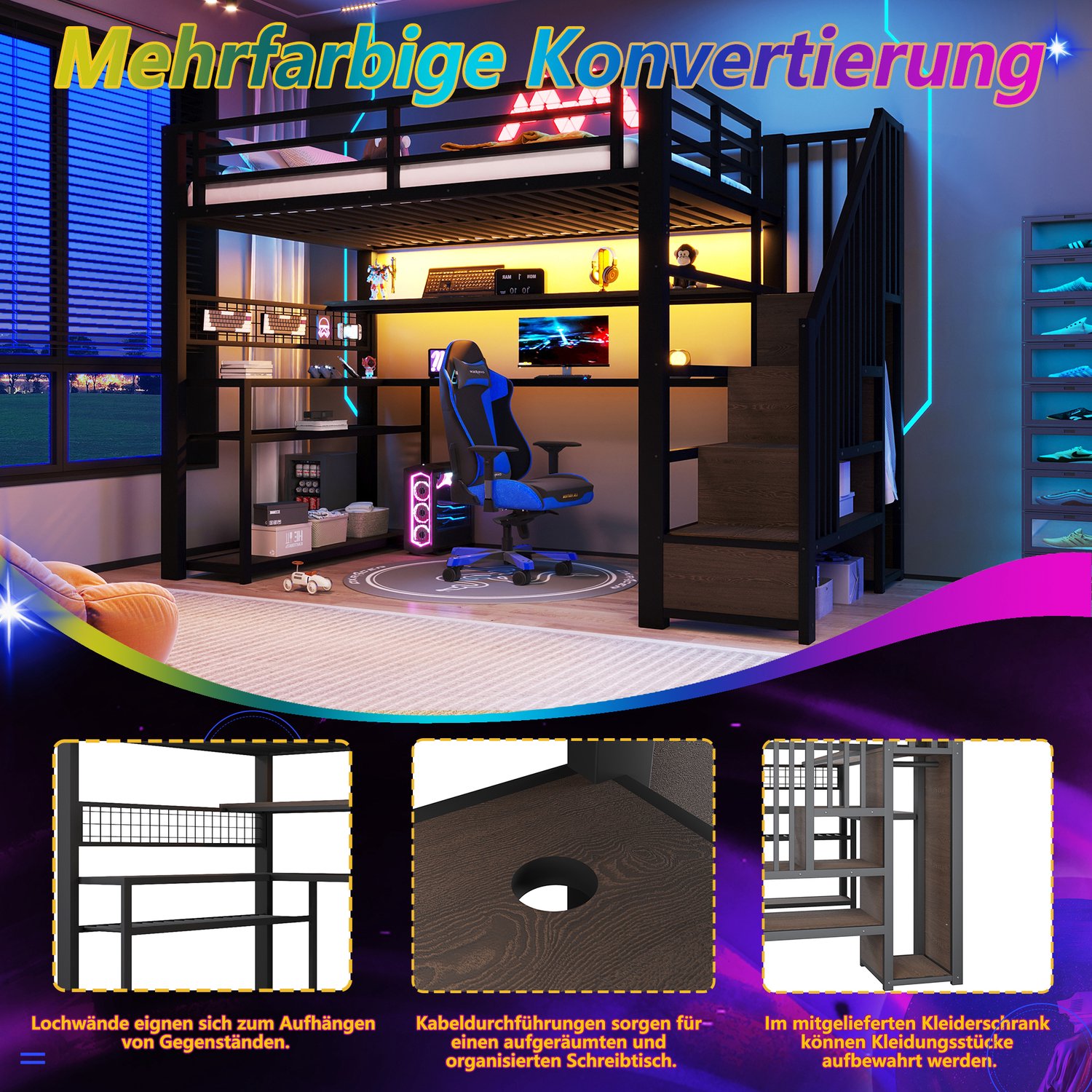 WUVRIE Hoogslaper 90x200 cm - Met bureau, kledingkast, opbergruimte en RGB-ledverlichting - Zwart