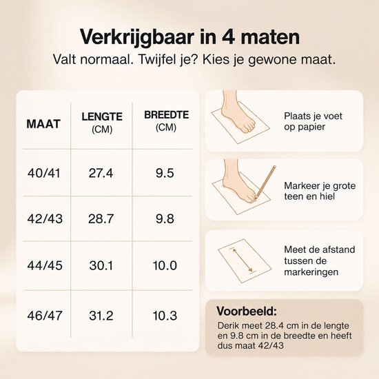 Maattabel voor pantoffels met instructies voor het meten van de voet en lengte/breedte overzicht.