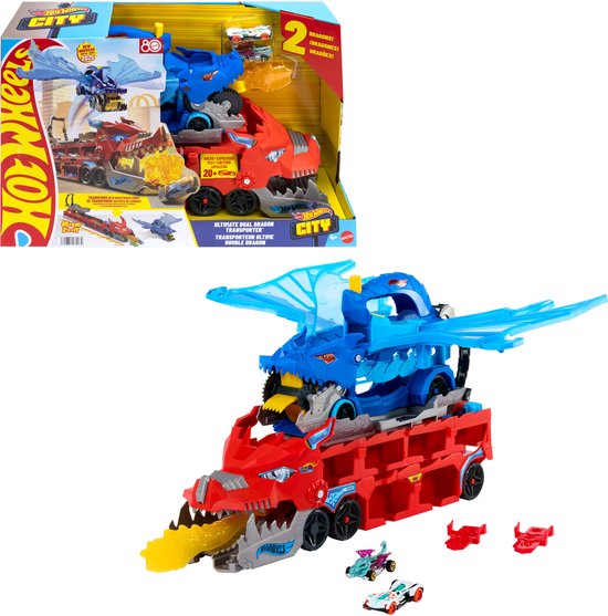 Hot Wheels City verpakking met rode drakenwagen en blauwe drakenwagen op transporter.