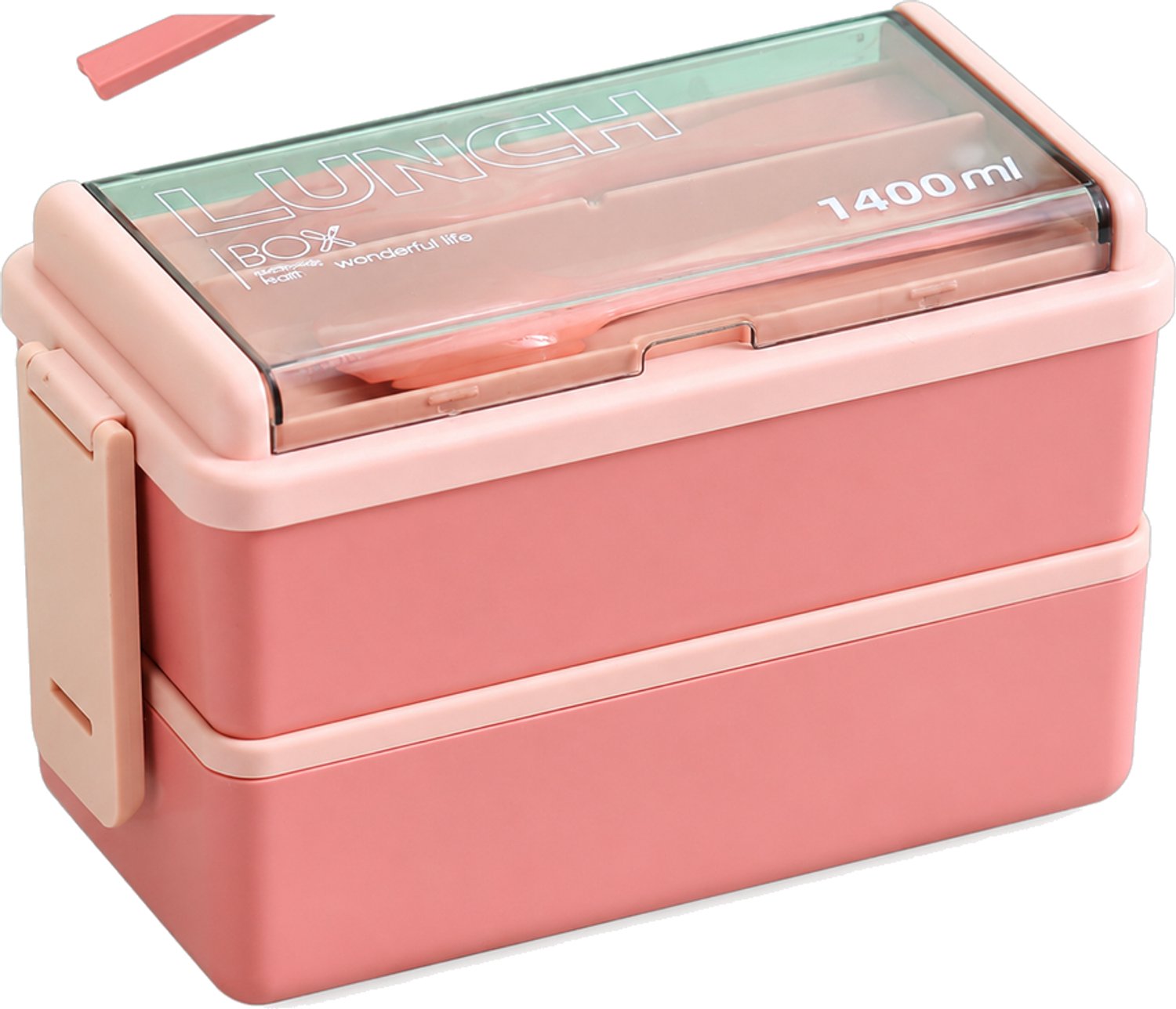 Roze broodtrommel van kunststof met twee lagen en transparant deksel, met aanduiding 1400 ml